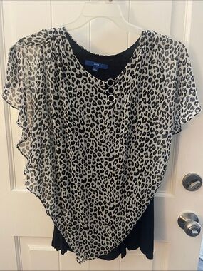 Apt. 9 Black and White Leopard Print Overlay Blouse with Ring Accent